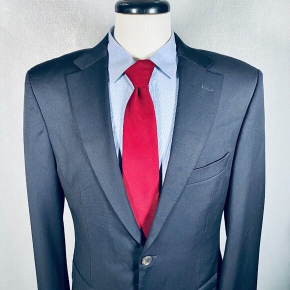 Hugo Boss Blazer Mens 40L Blue Wool Super 100s Sport Coat Jacket